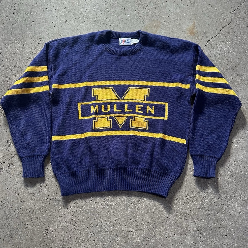 Vintage 80s Cliff Engle Mullen HS Wool Blend Sweater Size Large With Block M